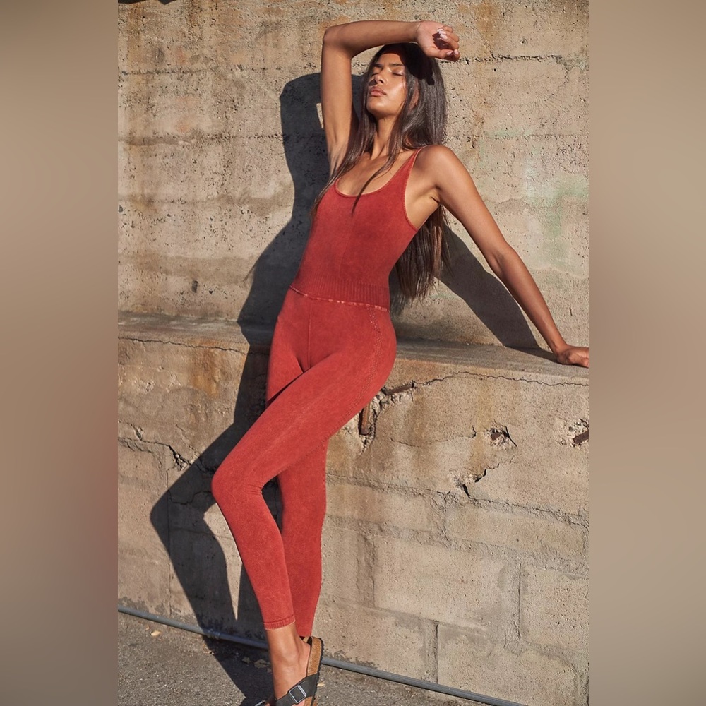 Free People Good Karma Onesie Red Backless Criss Cross Yoga Exercise Jumpsuit - Picture 3 of 14